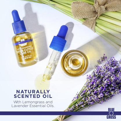 Blue Cross nail oil bottle with natural ingredients text