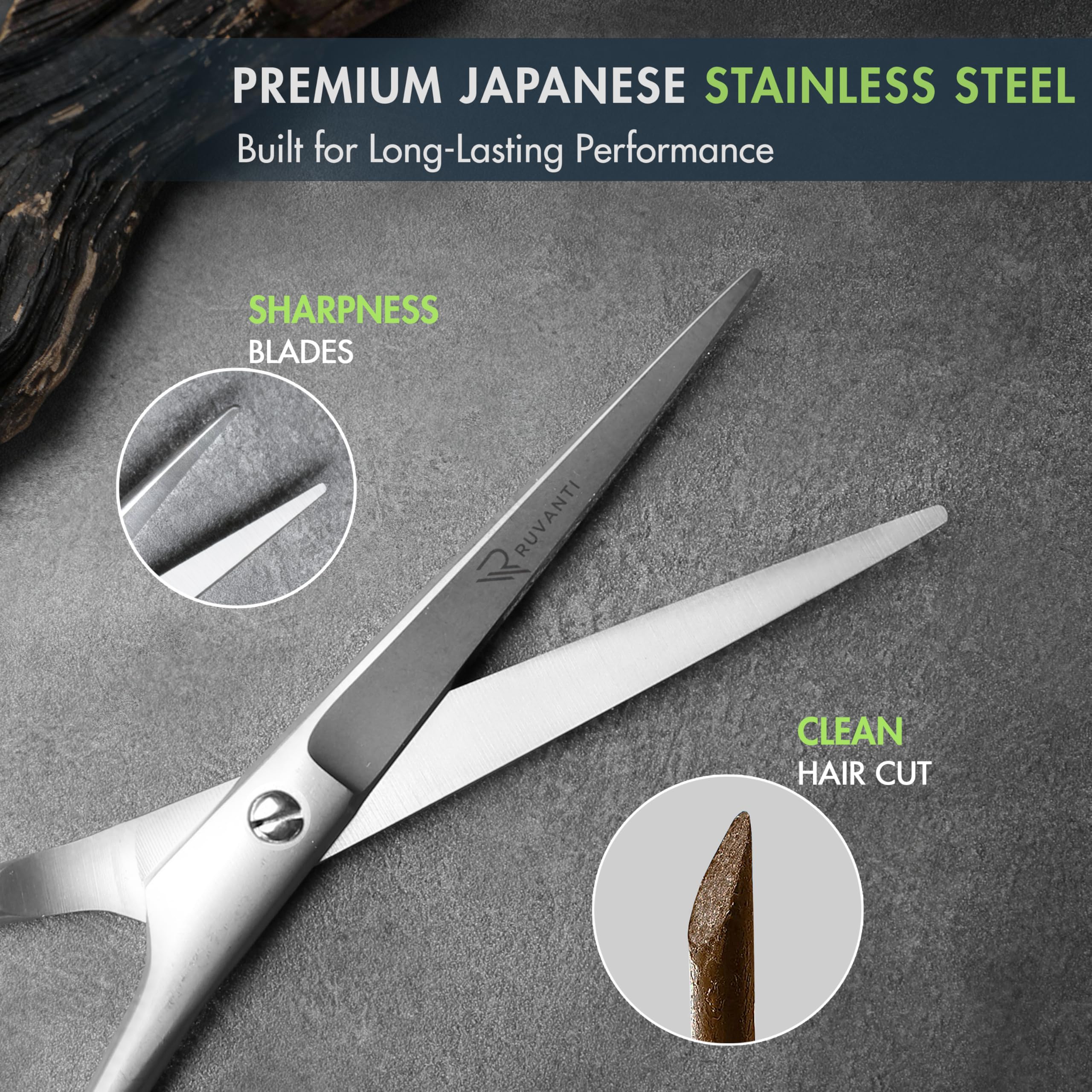 Lightweight Ruvanti grooming shears showing the adjustable comfort finger inserts.