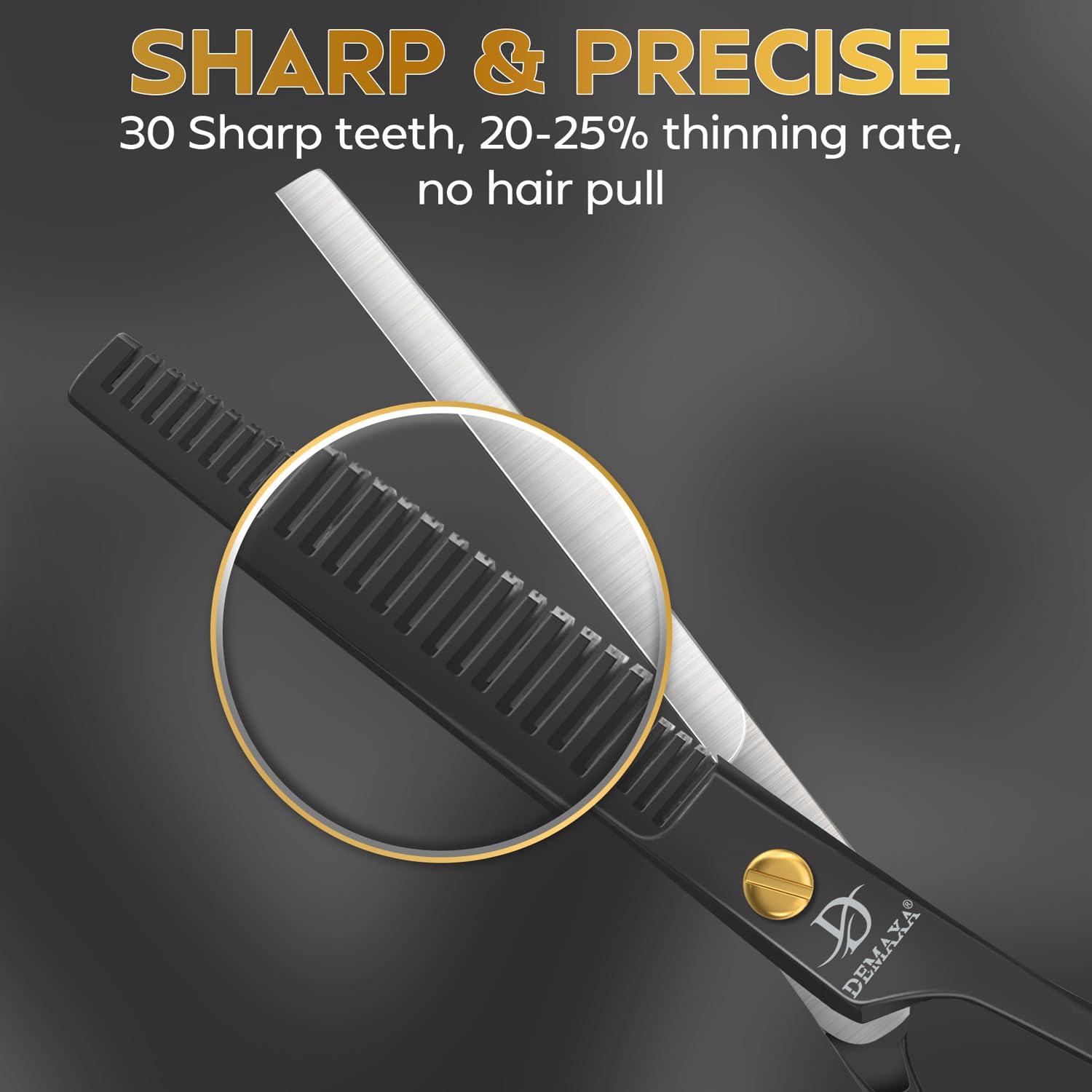 Ergonomic handle and removable finger rest details on DEMAXA barber scissors.