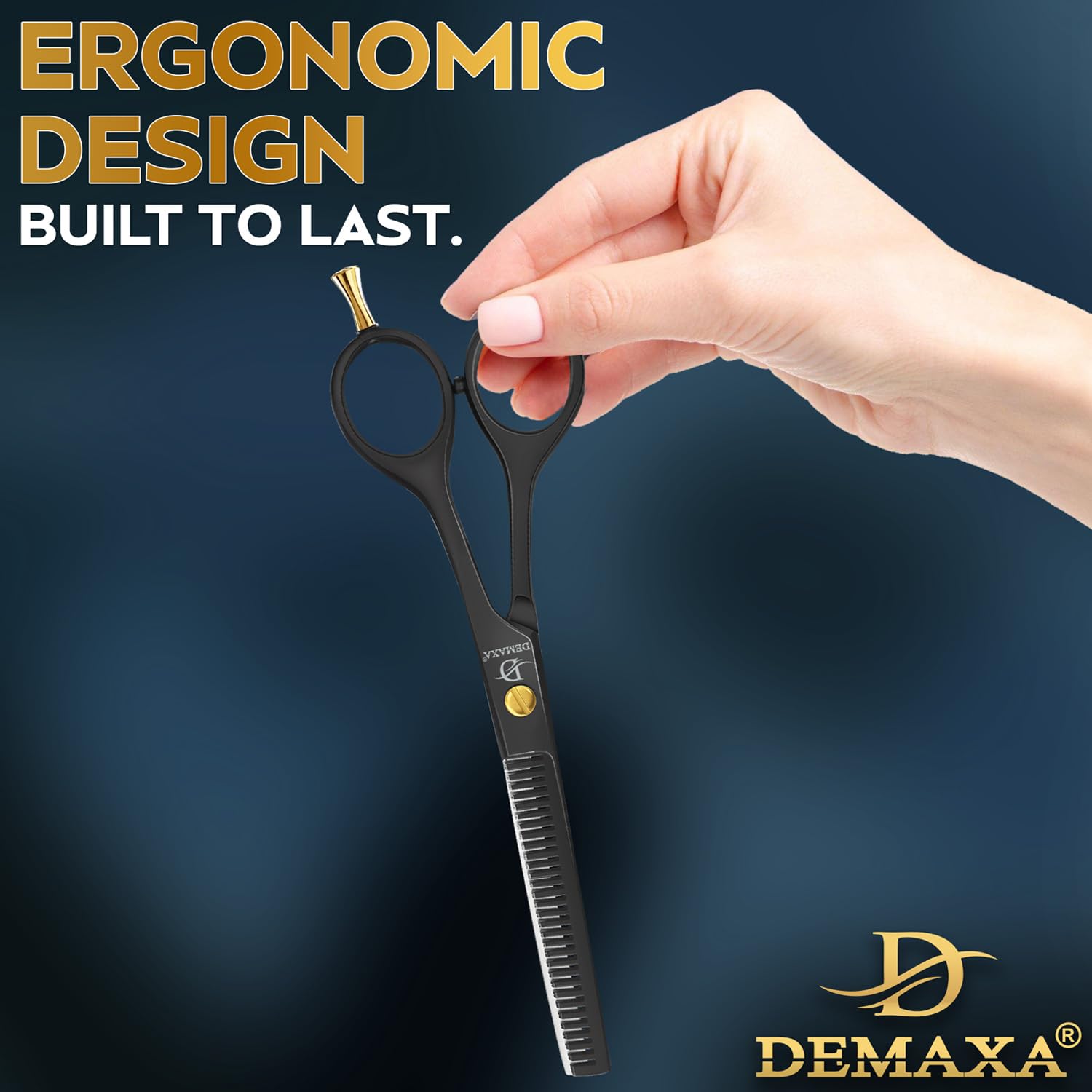 DEMAXA 6.5 inch black grooming shears being used for hair texturizing.
