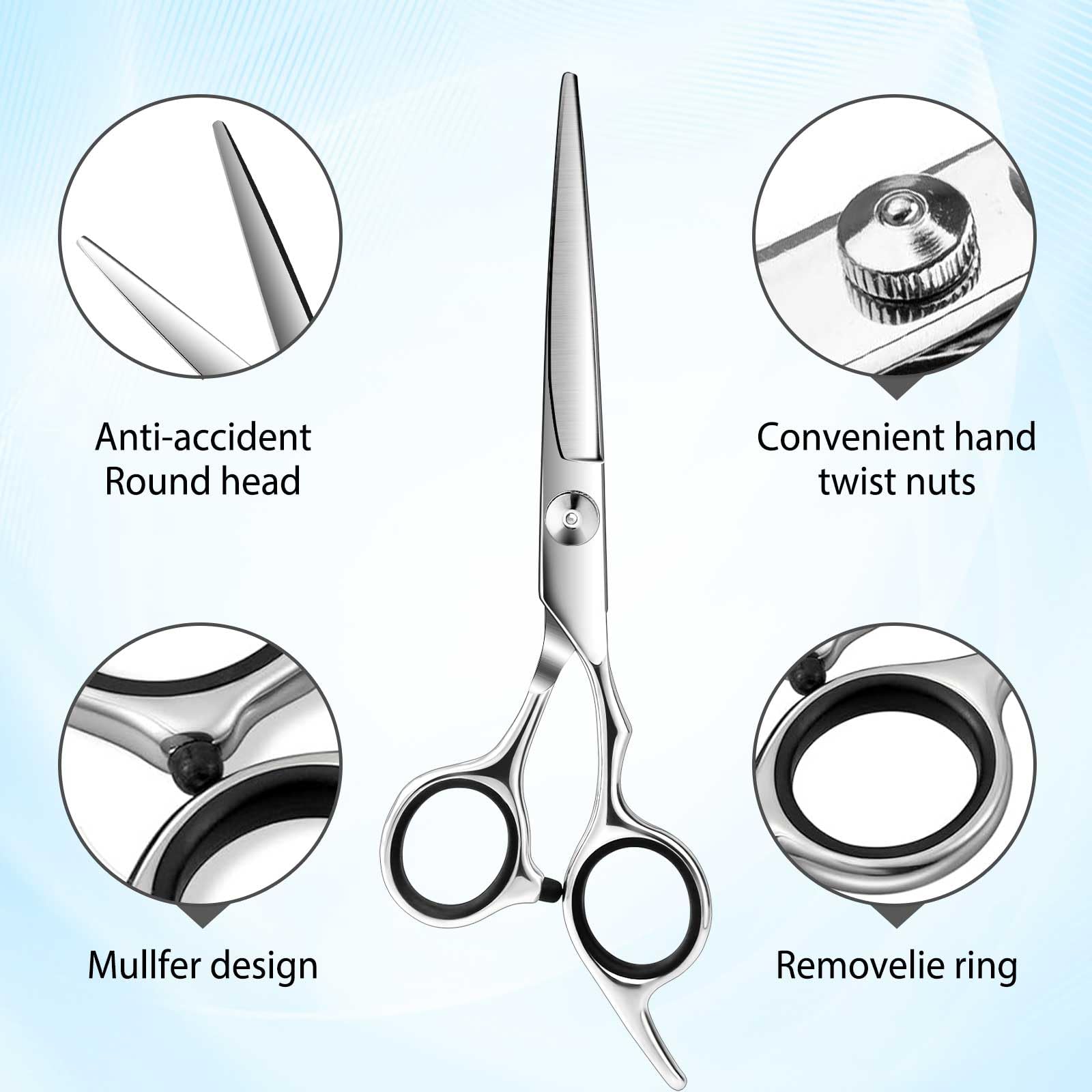 Close up view of the adjustable tension screw on the professional hairdressing scissors.