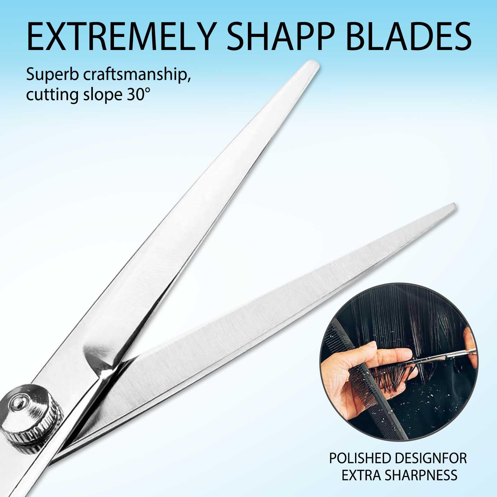 Stainless steel barber cutting tool being held correctly for a precise salon haircut.