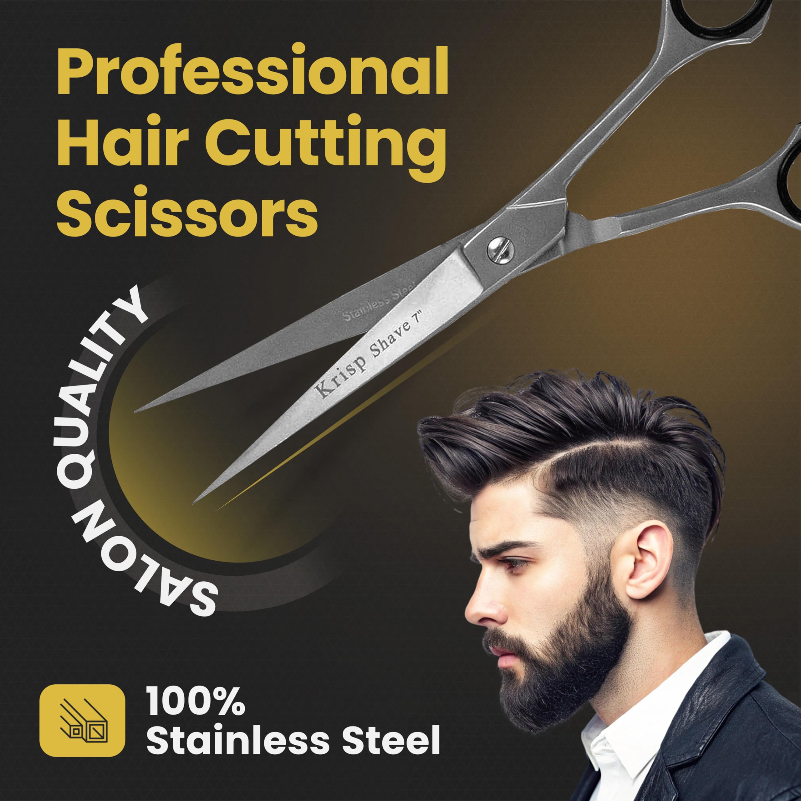Krisp Shave salon barber shears highlighting the adjustable round screw system and ergonomic offset handle.