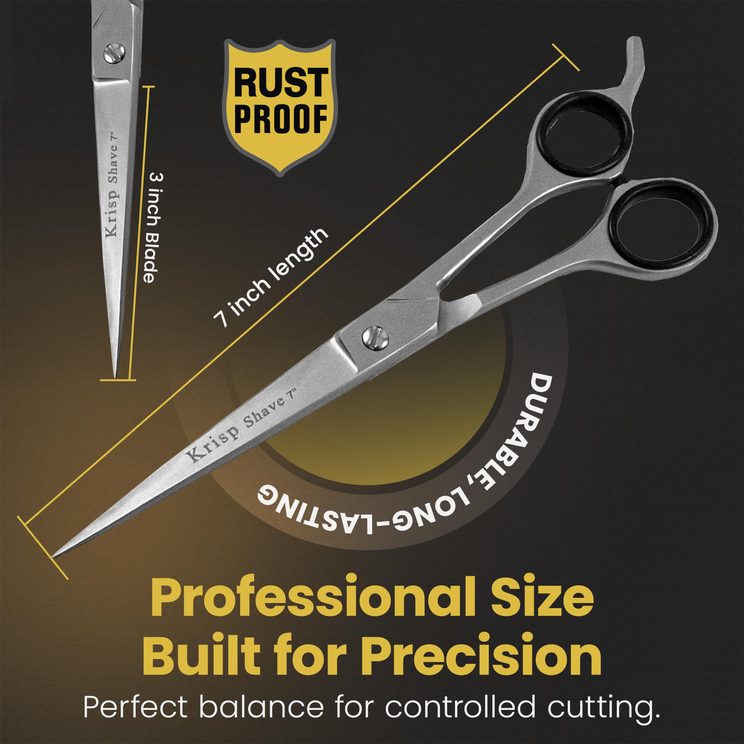 Close up view of the hand sharpened razor edges on the Krisp Shave professional haircutting scissors.