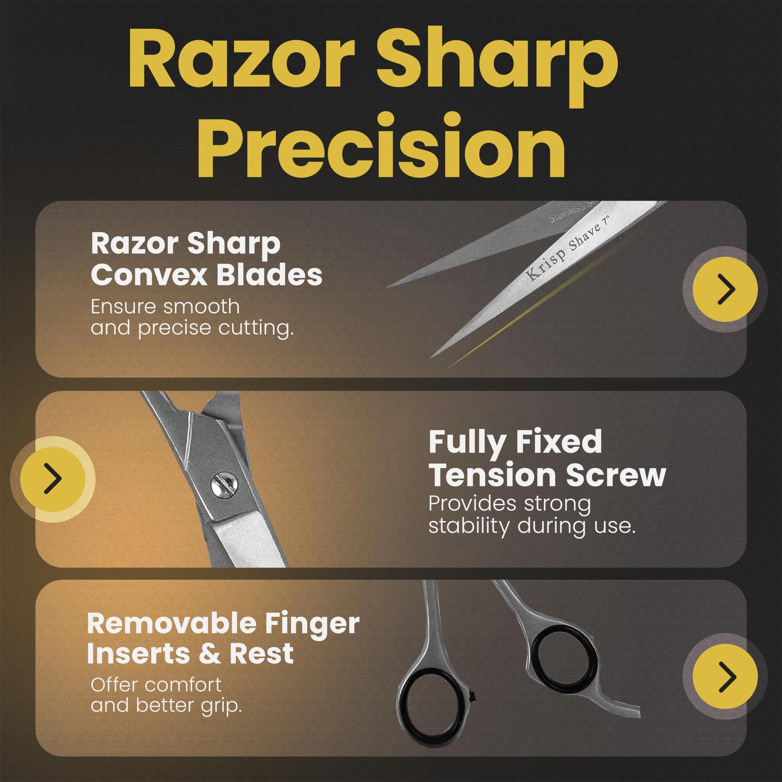 Krisp Shave 7 inch premium grooming shears showcasing the finger brace design for secure handling.