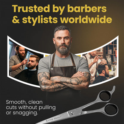 All purpose Krisp Shave Japanese stainless steel scissors displayed open to show blade precision.