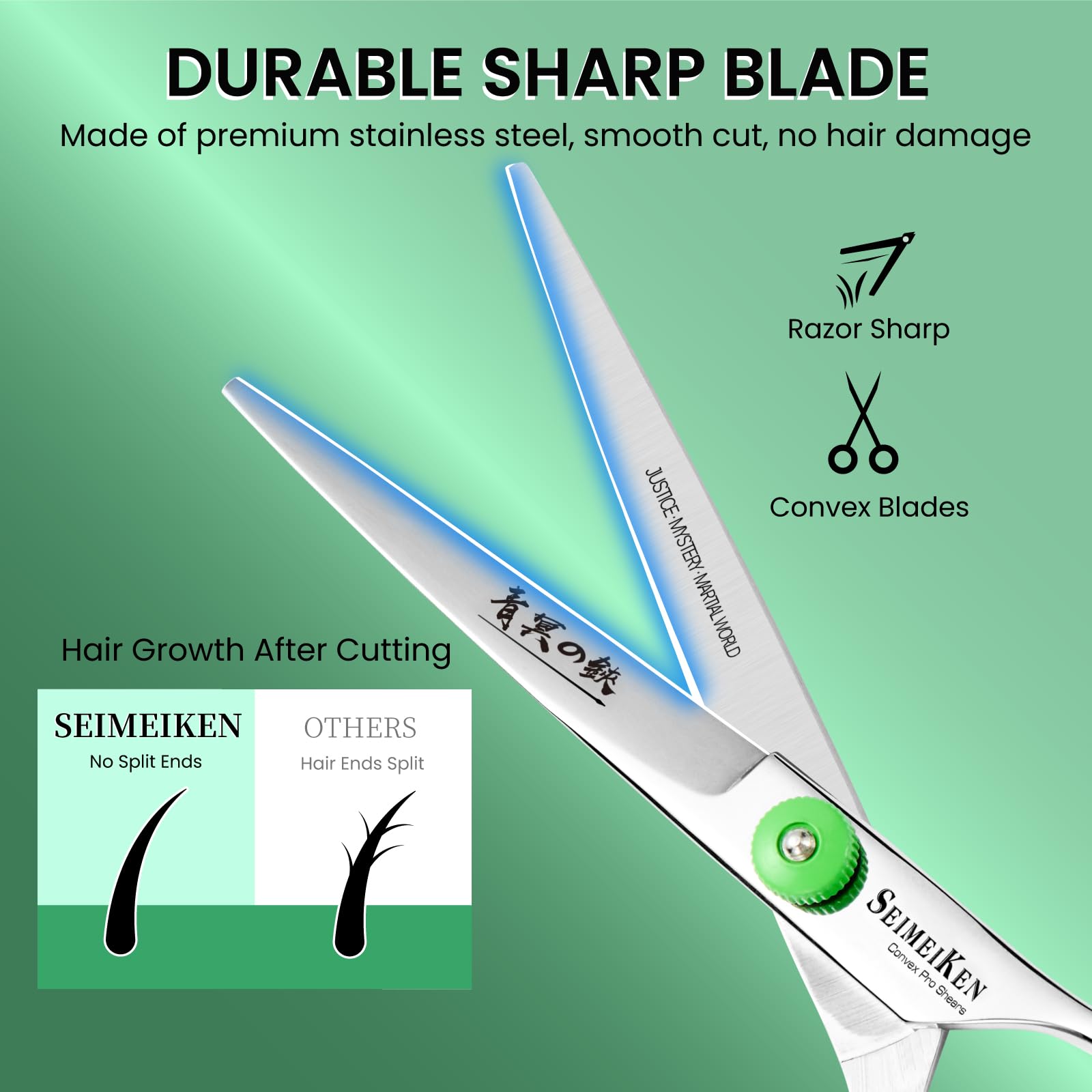 SEIMEIKEN six inch professional barber shears showing razor sharp convex blades close up
