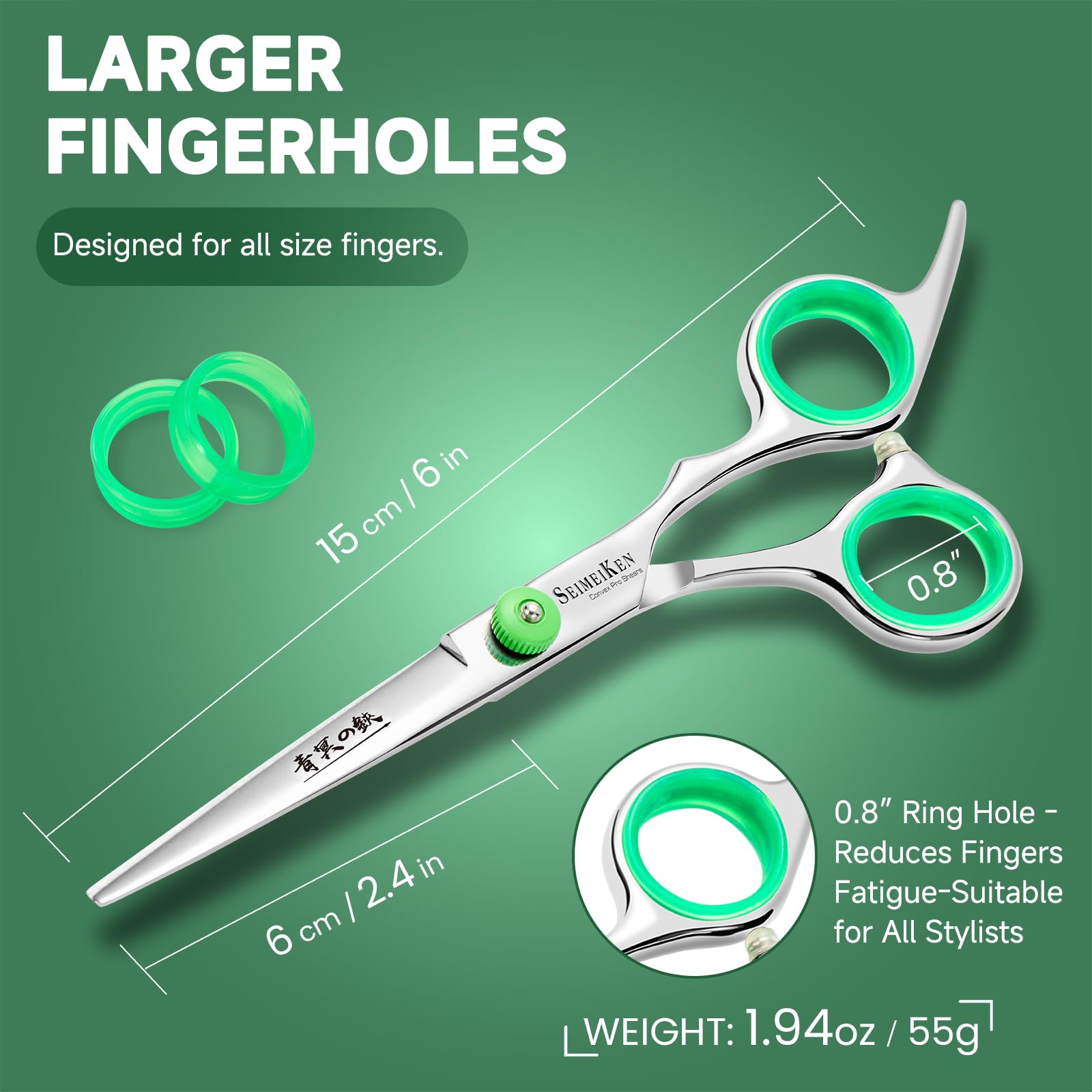 Ergonomic finger rest design of SEIMEIKEN Japanese stainless steel professional haircutting scissors