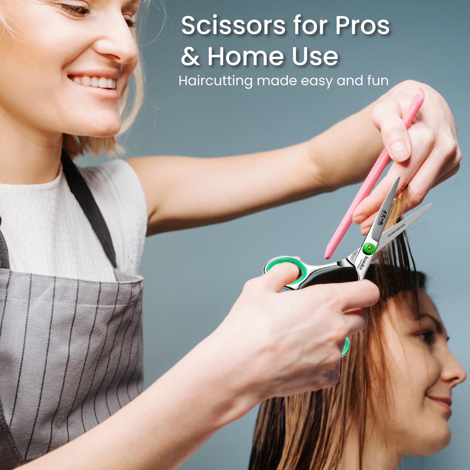 Premium SEIMEIKEN barber scissors and styling combs laid out on a professional salon countertop