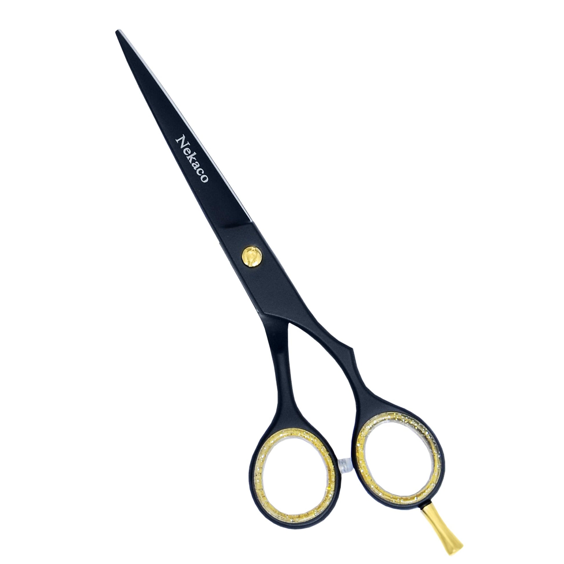 Complete packaging view of the Haryalilondon premium black barber scissors with its leather travel case