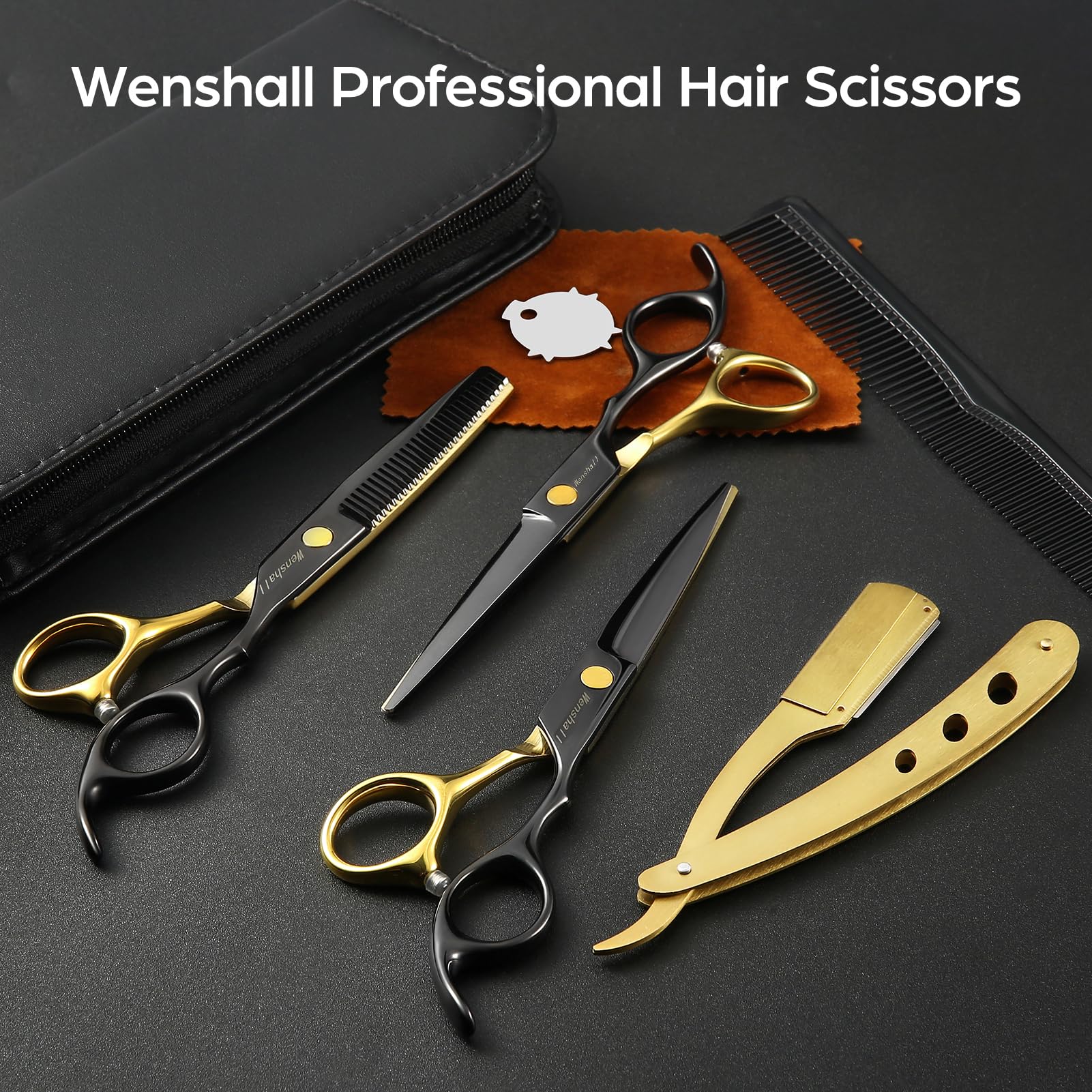 Close up view of the ergonomic offset handle and adjustable tension screw on Wenshall scissors.