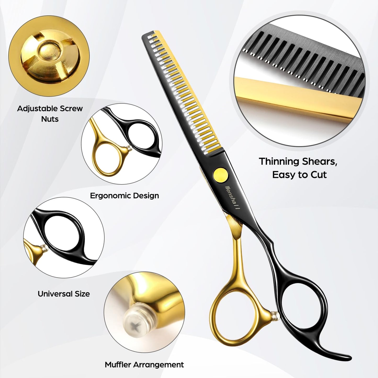 Titanium black coated hairdressing scissors showing the complete professional barber tool collection.