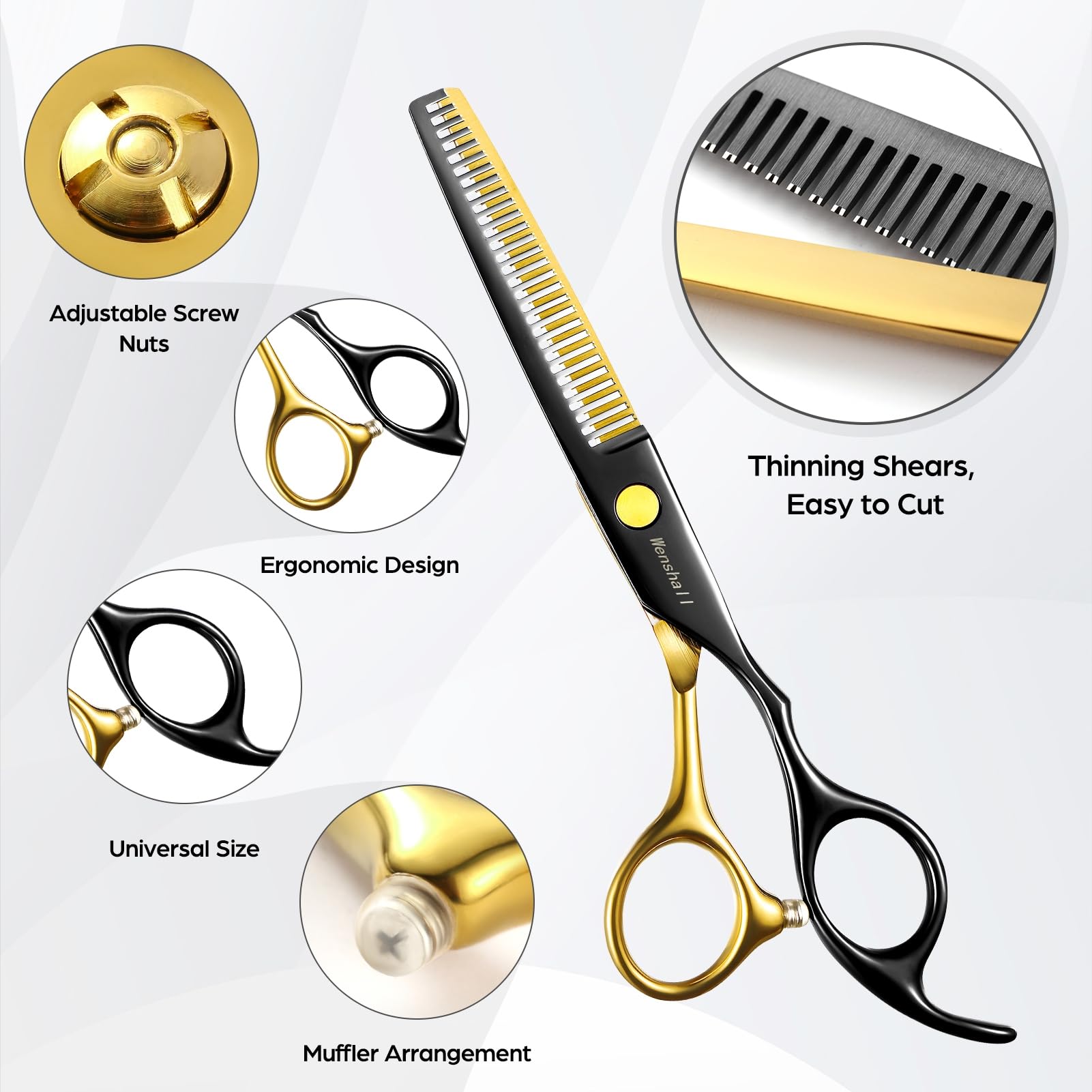 Titanium black coated hairdressing scissors showing the complete professional barber tool collection.
