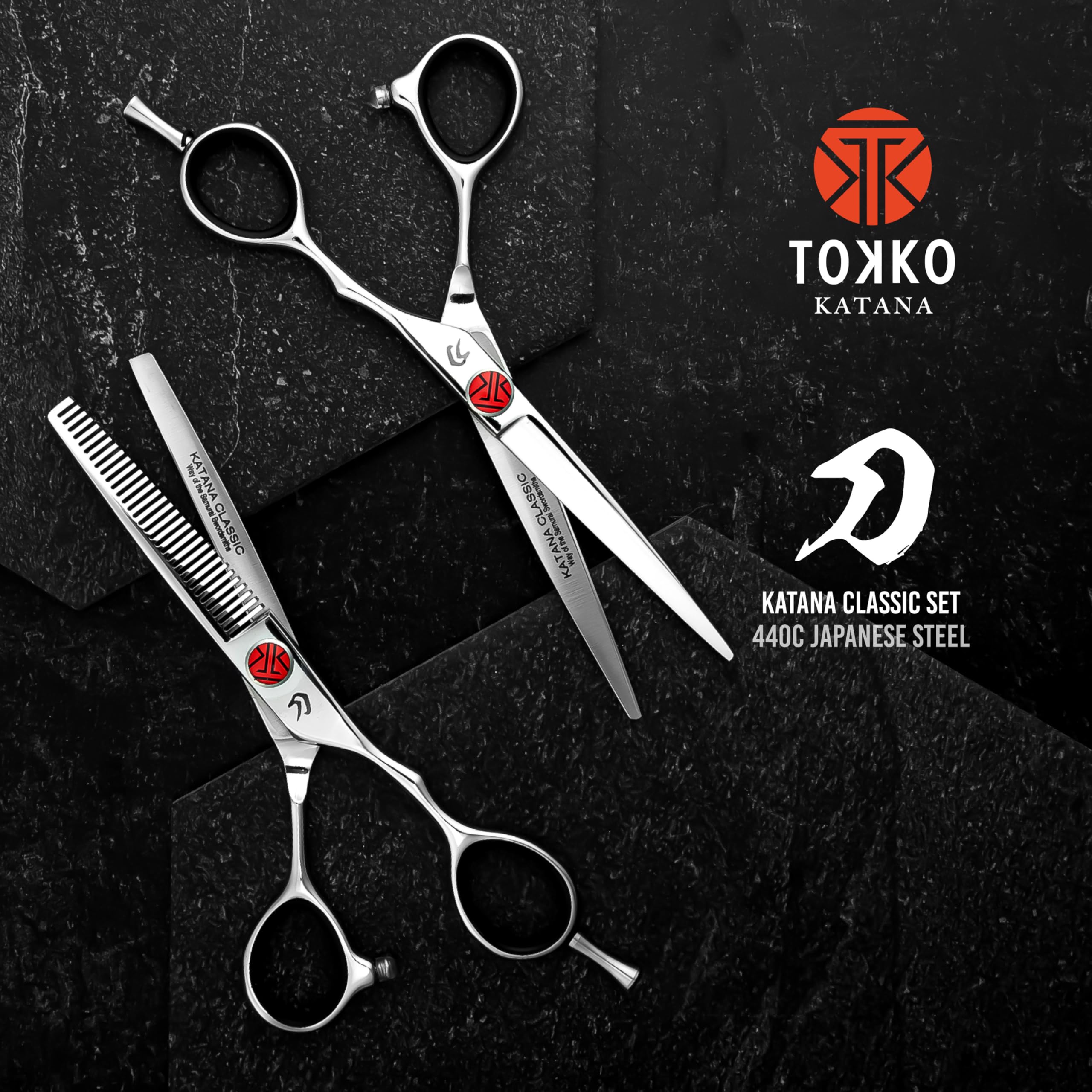 Close up view of the 440C Japanese steel blades on the Tokko Katana haircutting scissors