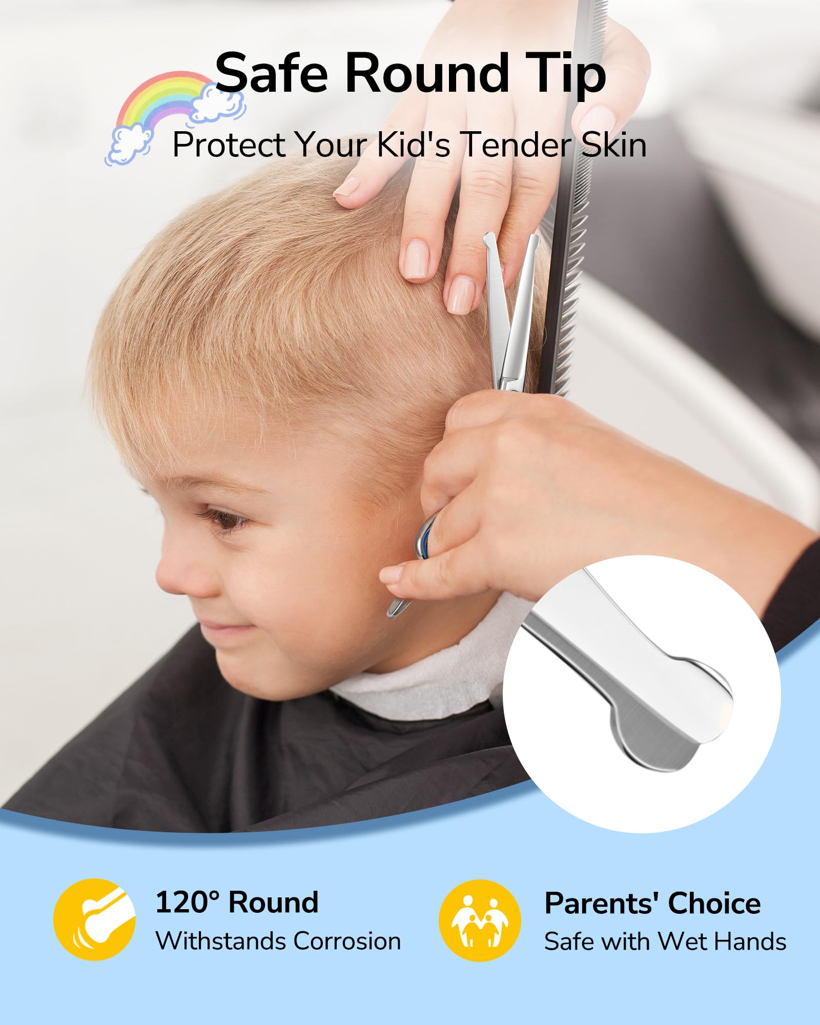 ULG 6.5 inch safety round tip hair scissors displaying ergonomic offset handles.