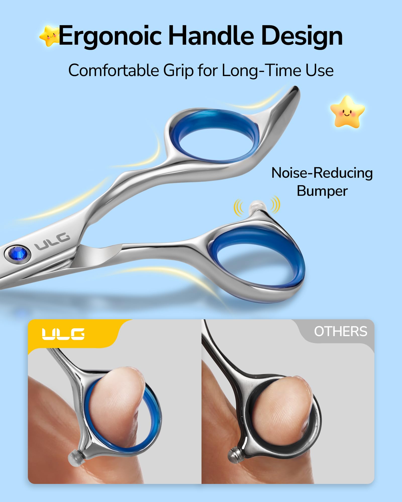 ULG children hair shears close up view of the blue adjustable tension screw.
