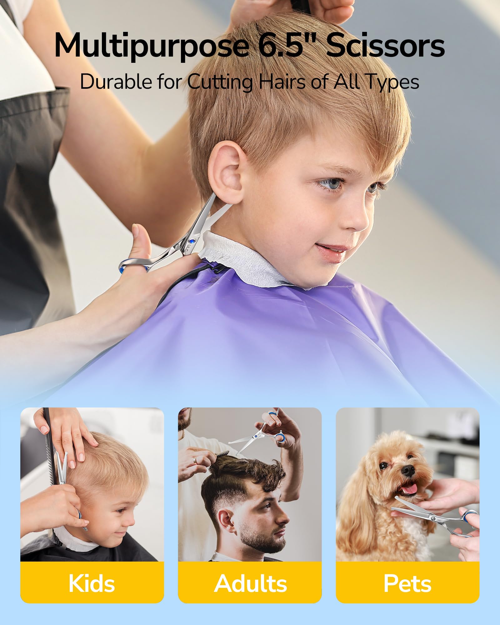 ULG toddler hair cutting scissors highlighting the premium Japanese stainless steel build.