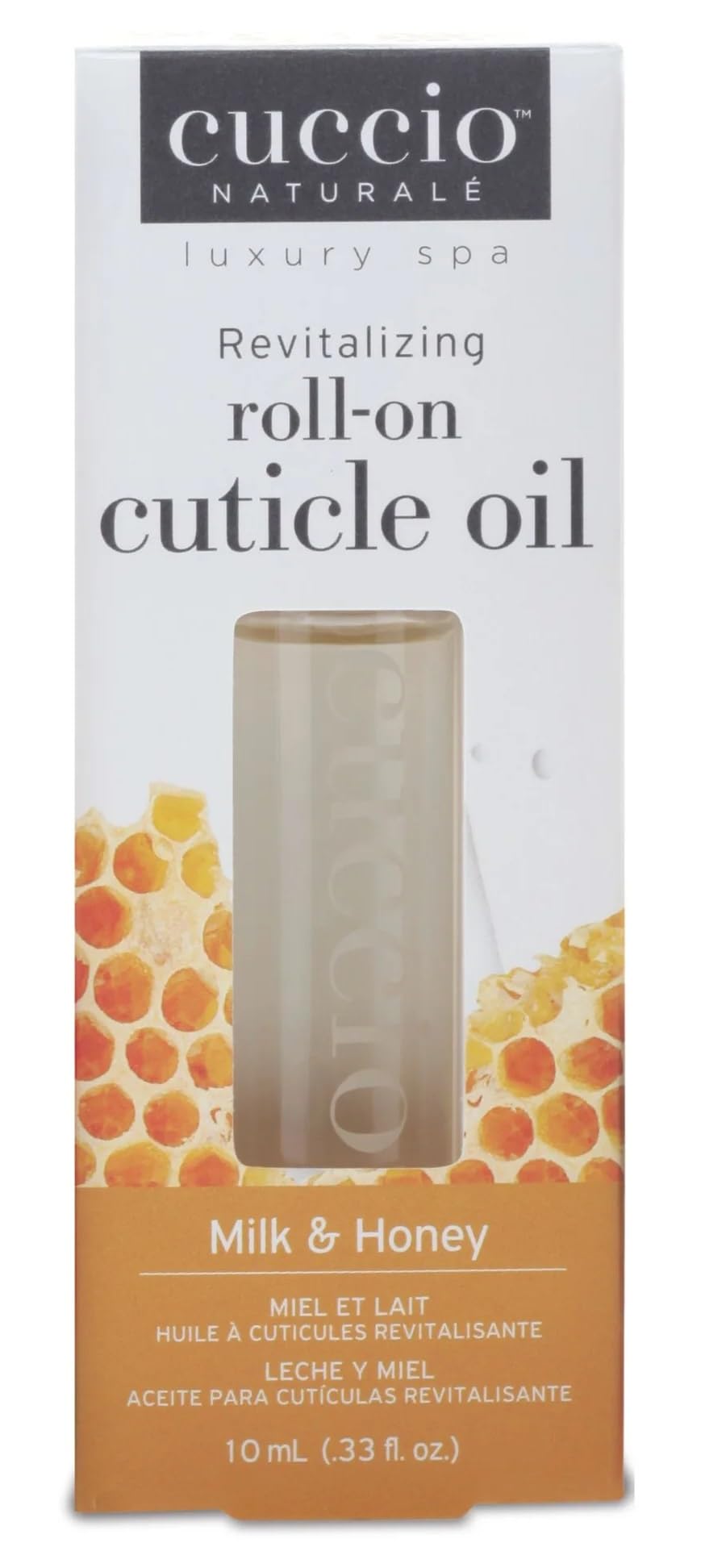 Cuccio Milk and Honey cuticle oil bottle with ingredients label