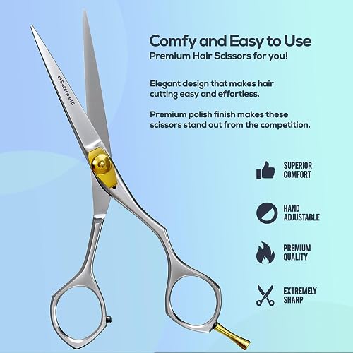 Ergonomic semi-offset handle design of the Suvorna hairdressing scissors with black rubber finger inserts.