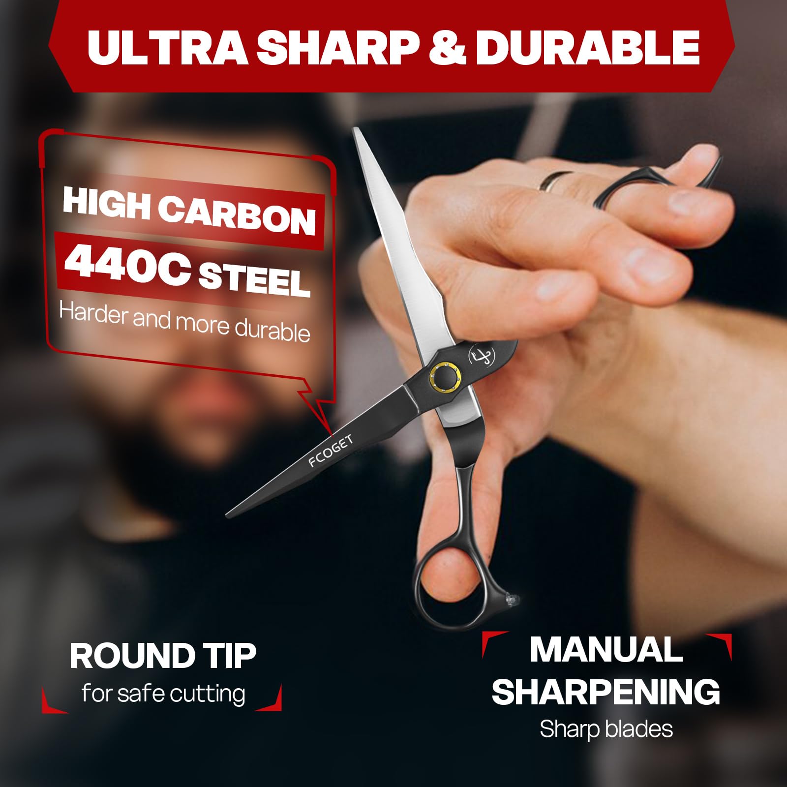 Matte black 6.8 inch 440C stainless steel hair cutting scissors with ergonomic handle layout