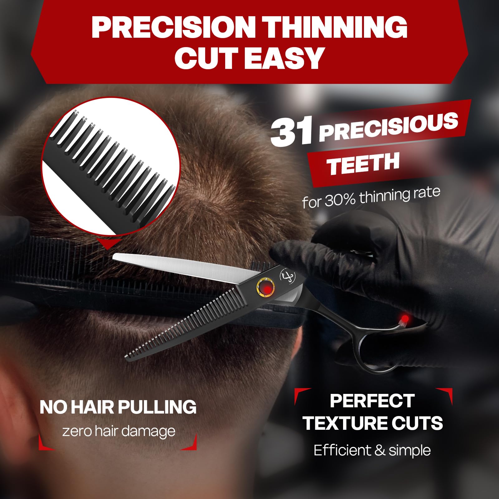 Fcoget 31 tooth texturizing hair thinning shears highlighting the serrated edge design