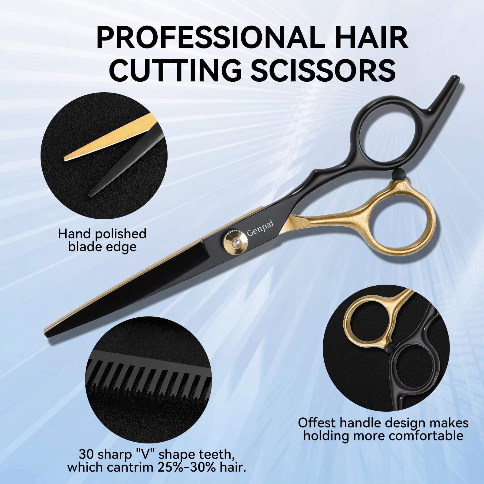 Close up view of the WFOEJEJ 440CC stainless steel barber scissors highlighting the sharp cutting edge and adjustable tension screw.