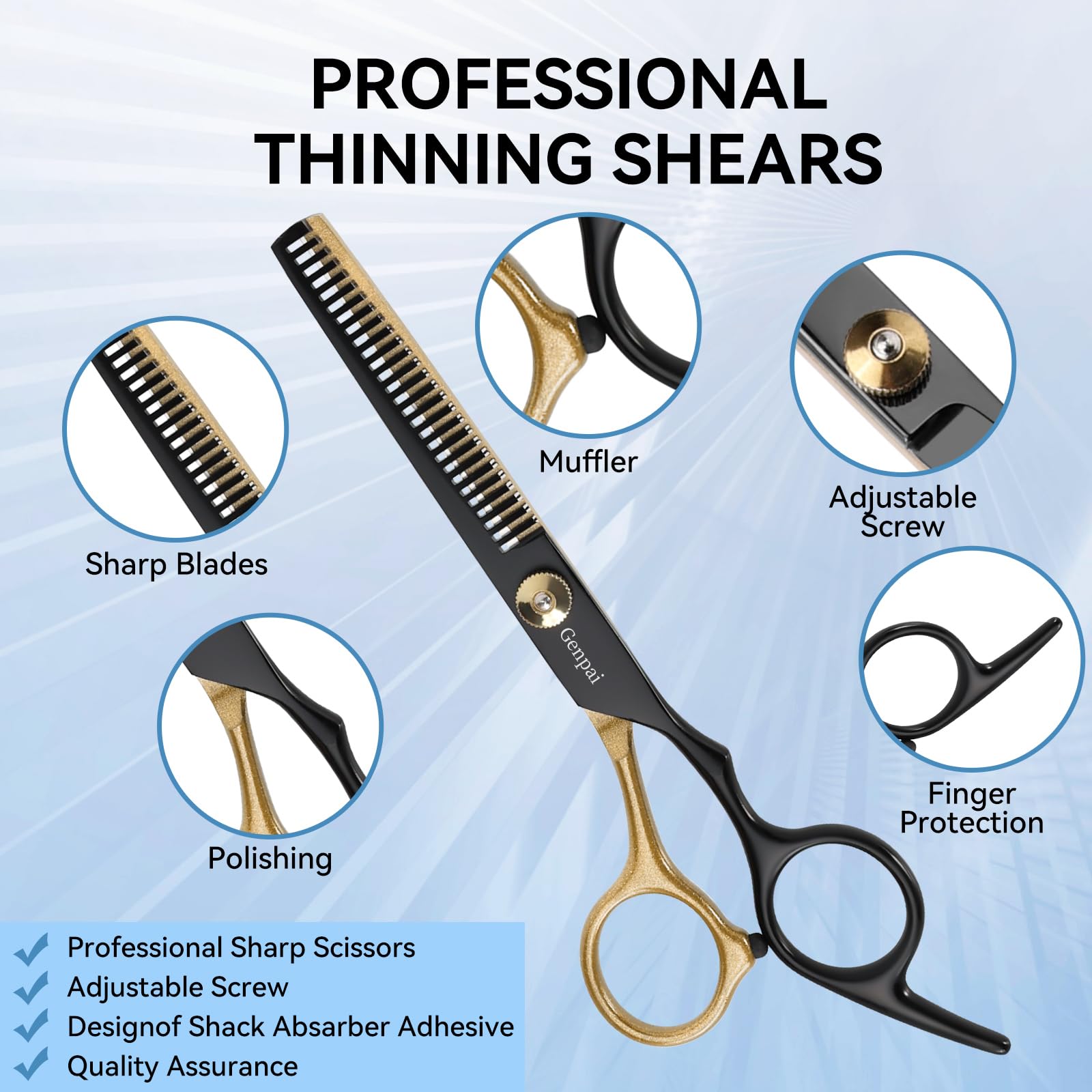 WFOEJEJ professional thinning shears showing the thirty teeth design used for seamless hair blending and texturizing.