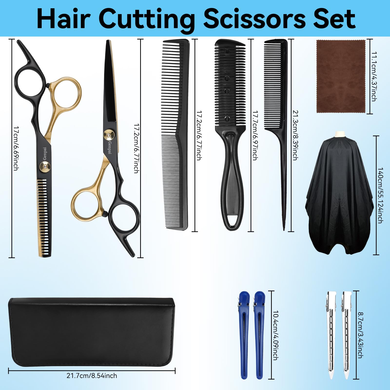 Complete fourteen piece WFOEJEJ barber supplies kit including cutting scissors, thinning shears, razor comb, and styling accessories.