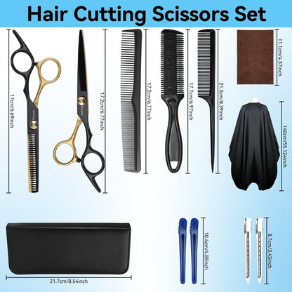 Complete fourteen piece WFOEJEJ barber supplies kit including cutting scissors, thinning shears, razor comb, and styling accessories.