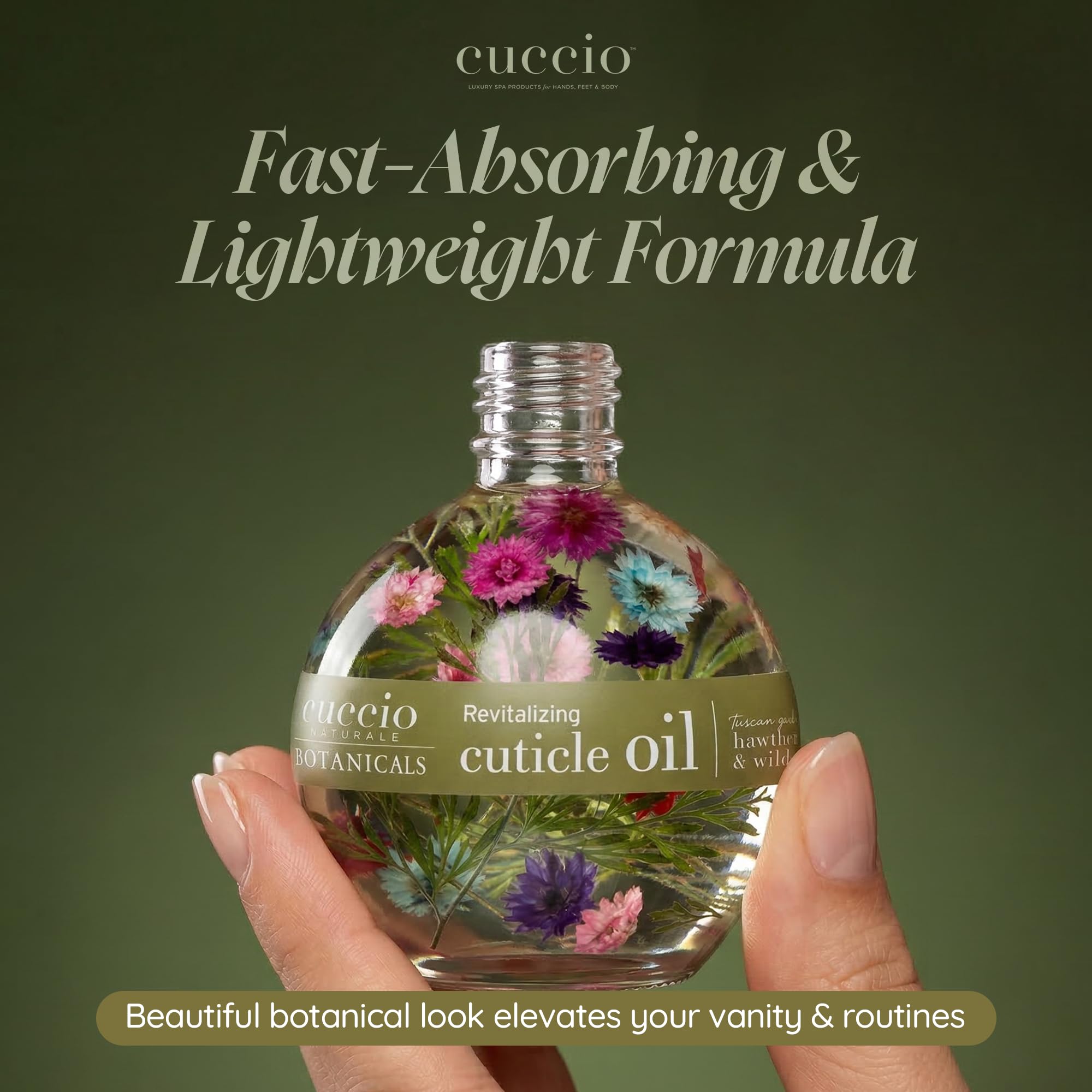 Close up of Cuccio Naturale cuticle oil bottle showing hawthorn and daisy