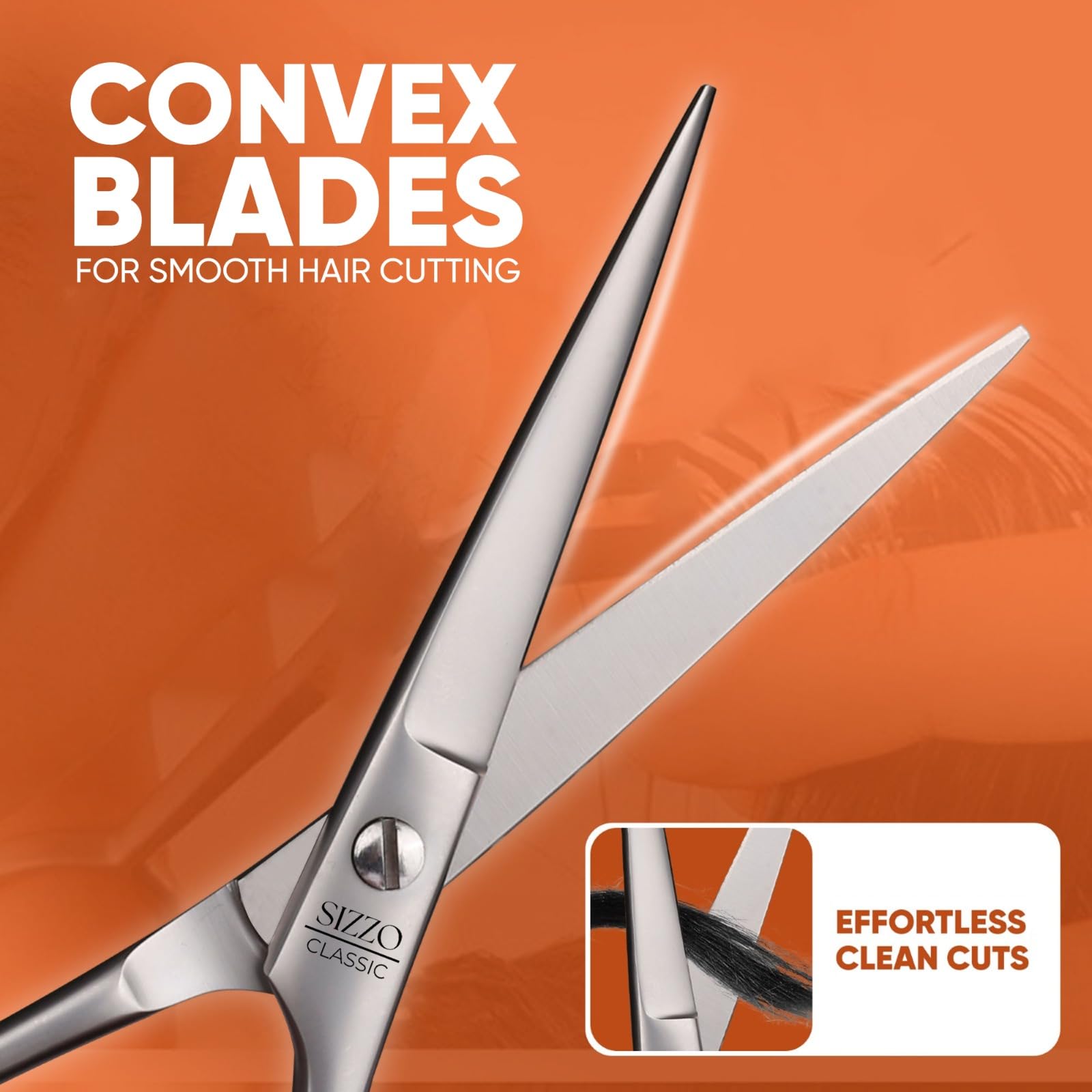 Ergonomic finger rings and rubber inserts on the Sizzo hair cutting scissors for comfortable grip.