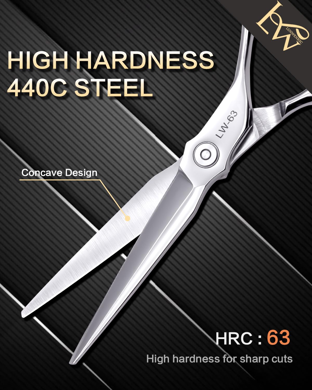Premium stainless steel 6.5 inch barber scissors displayed open to show the sharp cutting edge