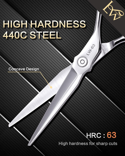 Premium stainless steel 6.5 inch barber scissors displayed open to show the sharp cutting edge