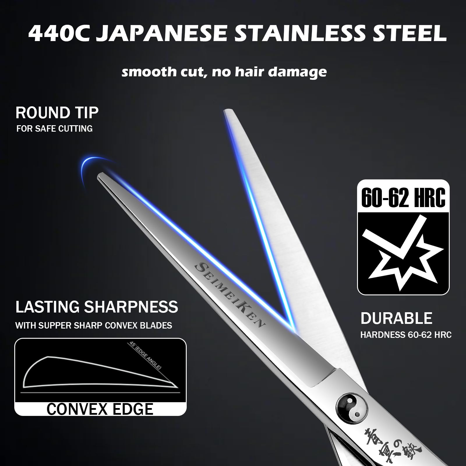 Close up view of the ultra sharp Japanese 440C convex blade on the premium salon shears