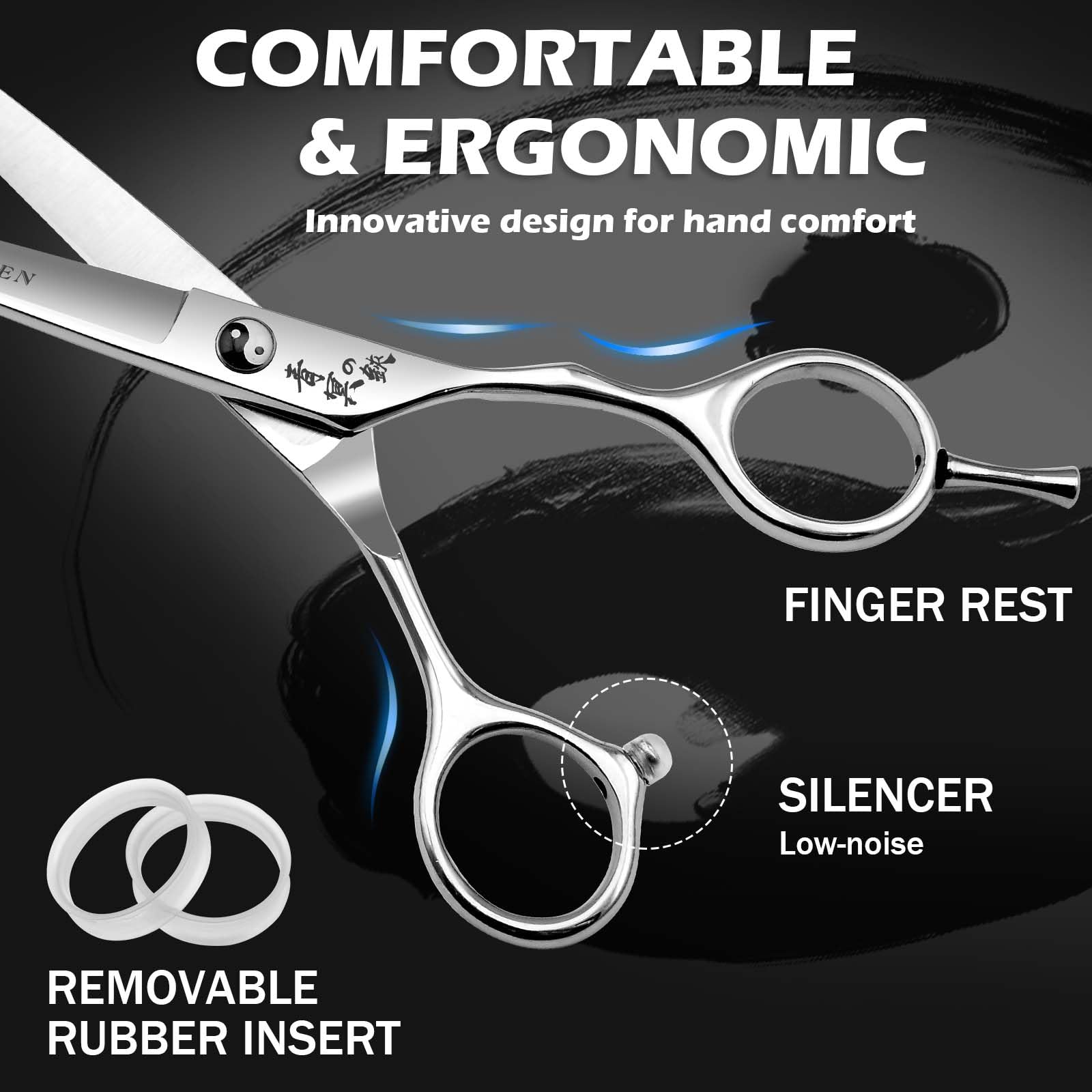 Ergonomic semi offset handle of the hair cutting scissors showing black rubber finger inserts and the silencer bumper