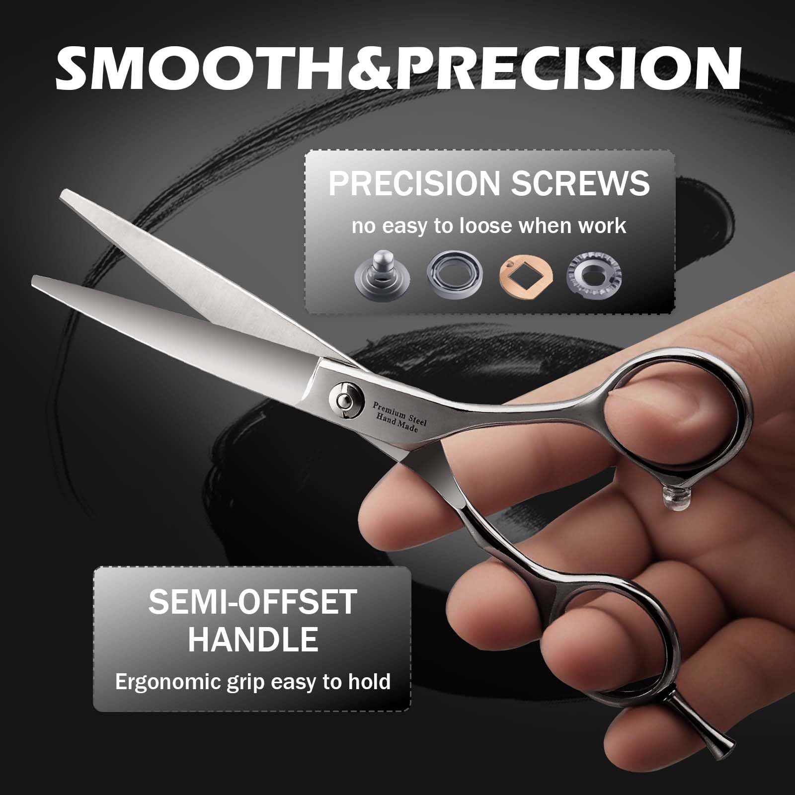 Complete SEIMEIKEN shear package including the six inch cutting scissor, cleaning cloth, and tension adjustment tool