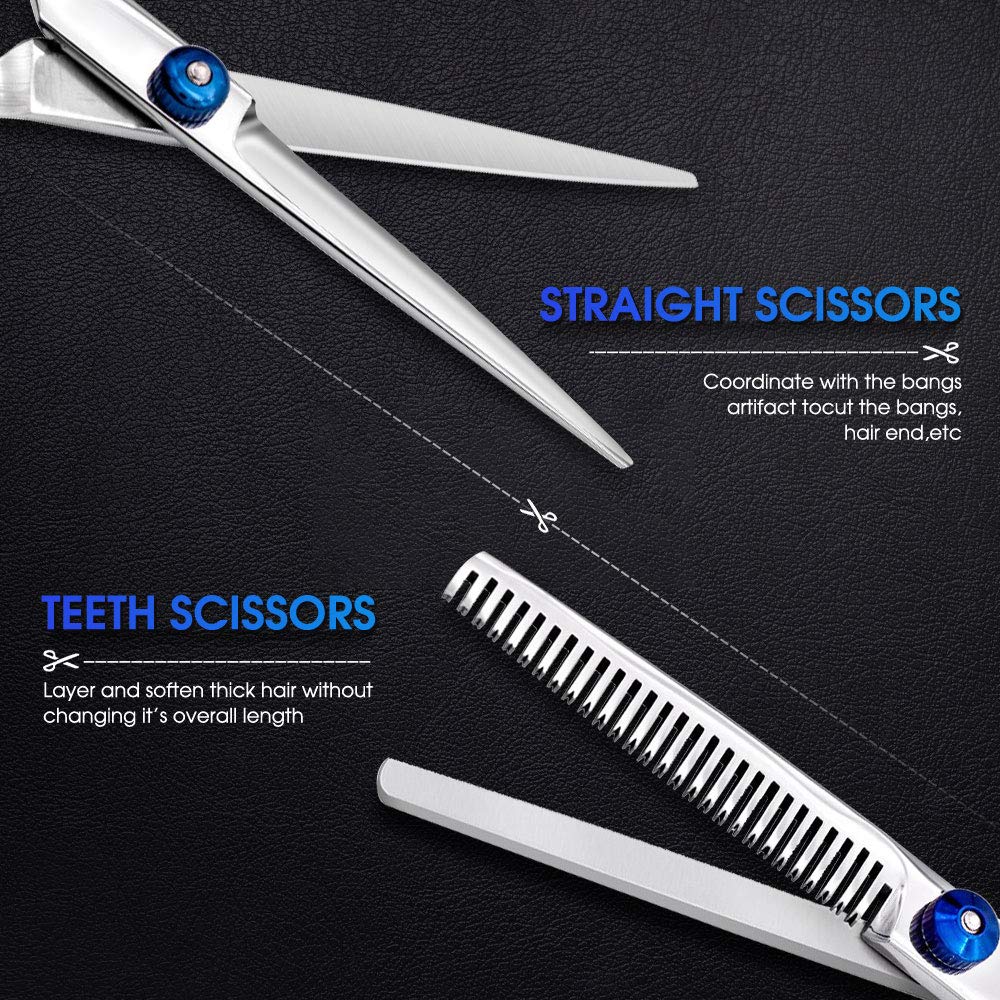 FATHABY stainless steel haircutting shears and thinning scissors showing adjustable blue tension screws