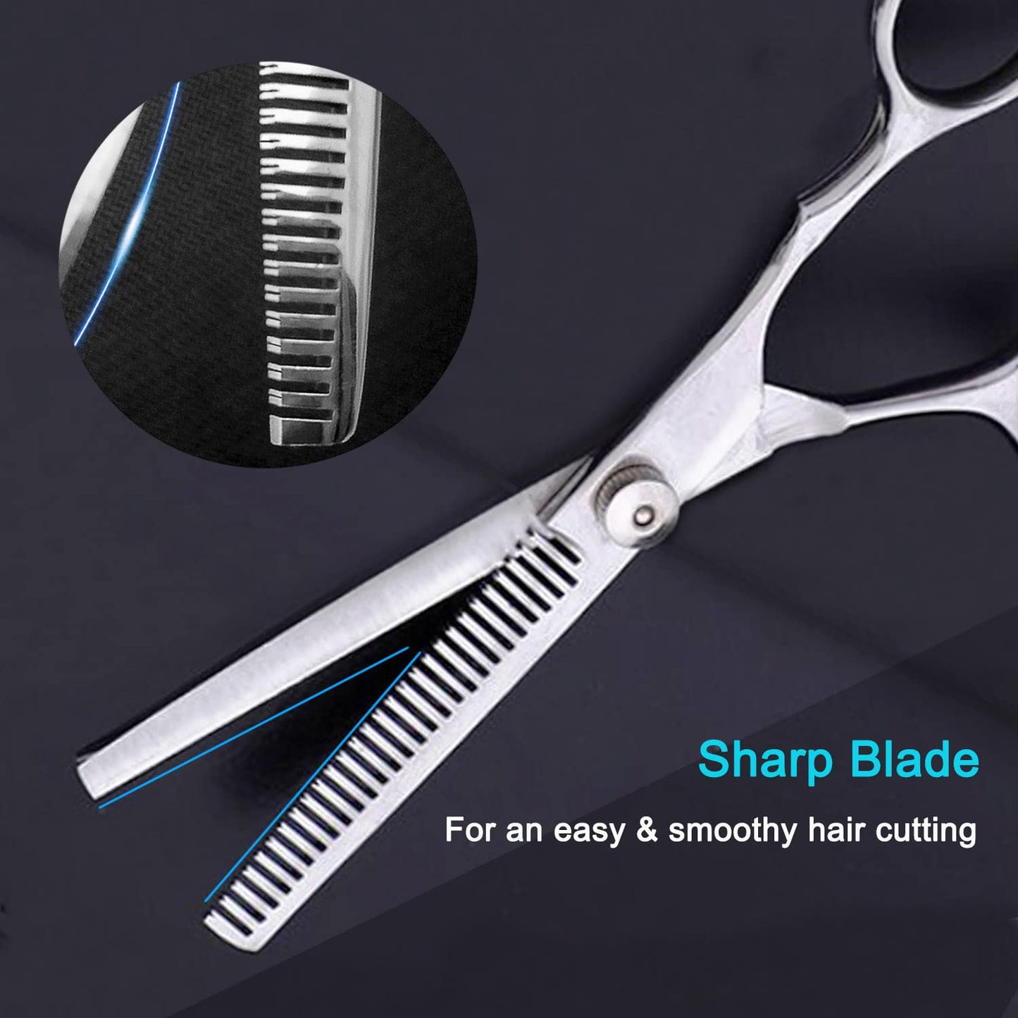 Close up of the twenty seven tooth blending blade on the Avenoir texturizing scissors.