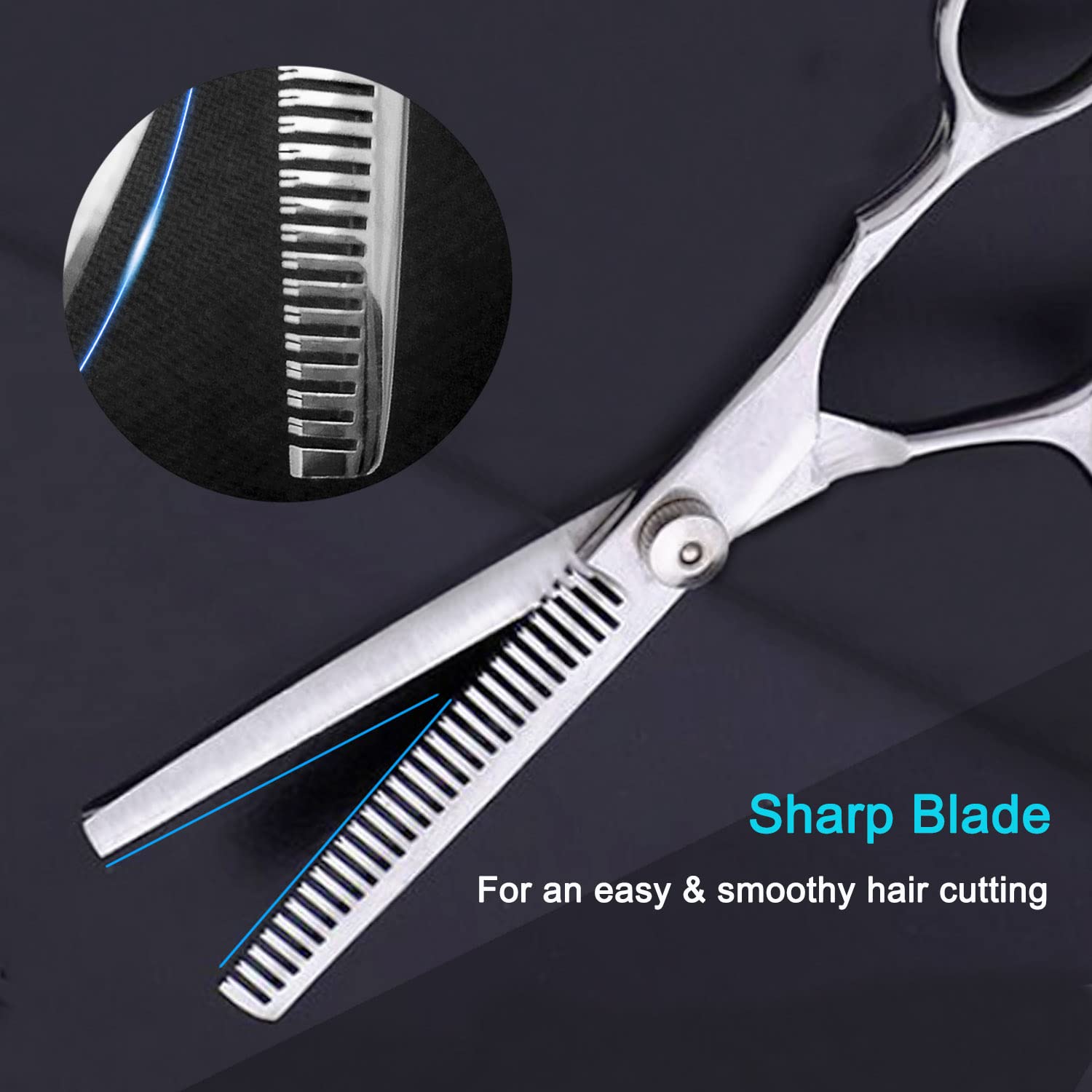 Close up of the twenty seven tooth blending blade on the Avenoir texturizing scissors.