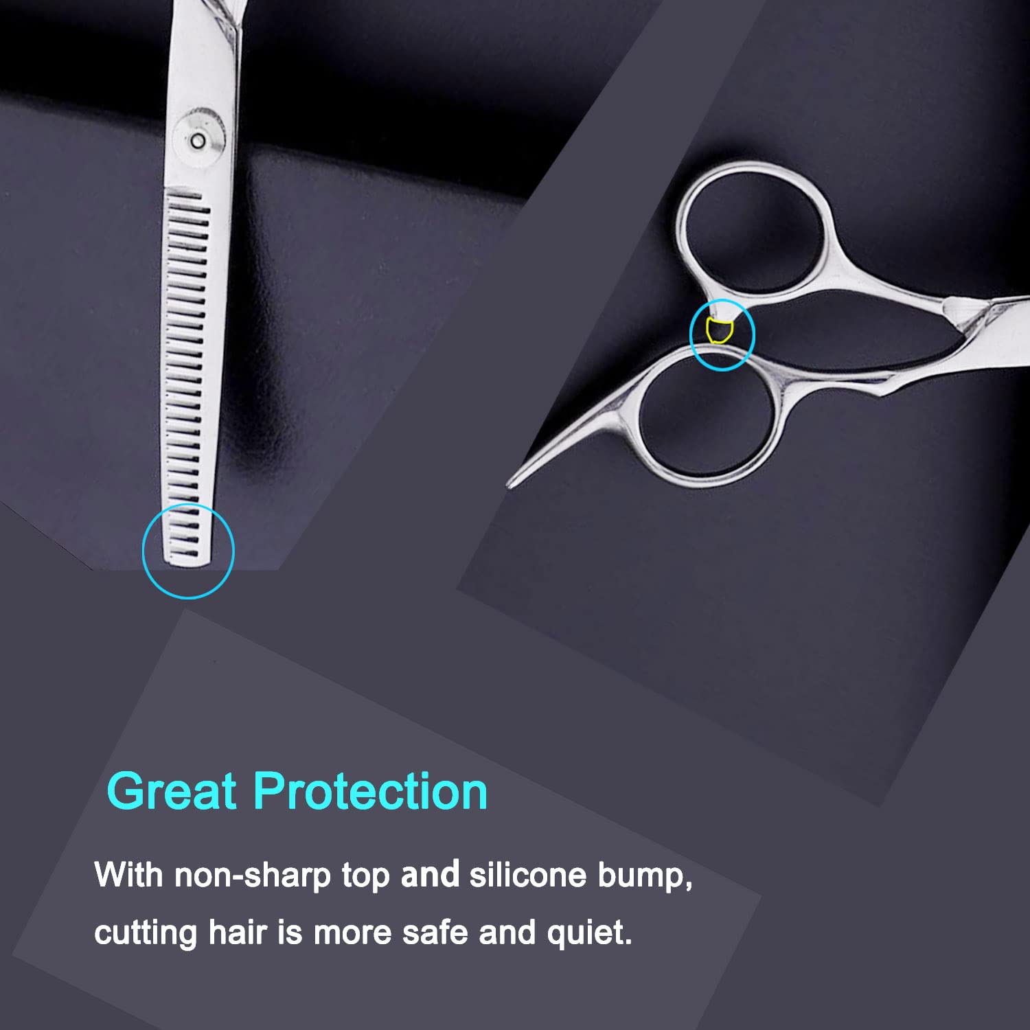 Ergonomic finger rest and silicone shock absorber bumper on the silver scissors handle.