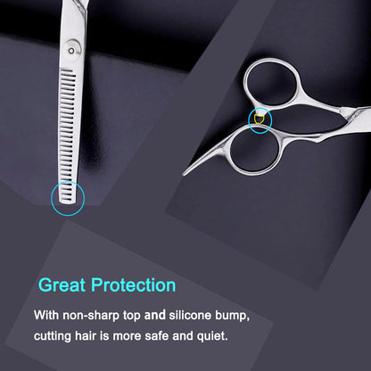 Ergonomic finger rest and silicone shock absorber bumper on the silver scissors handle.
