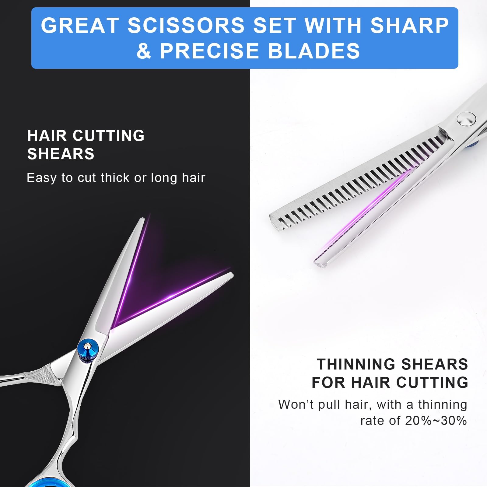 Stainless steel hairdressing shears showing blue adjustable tension screw