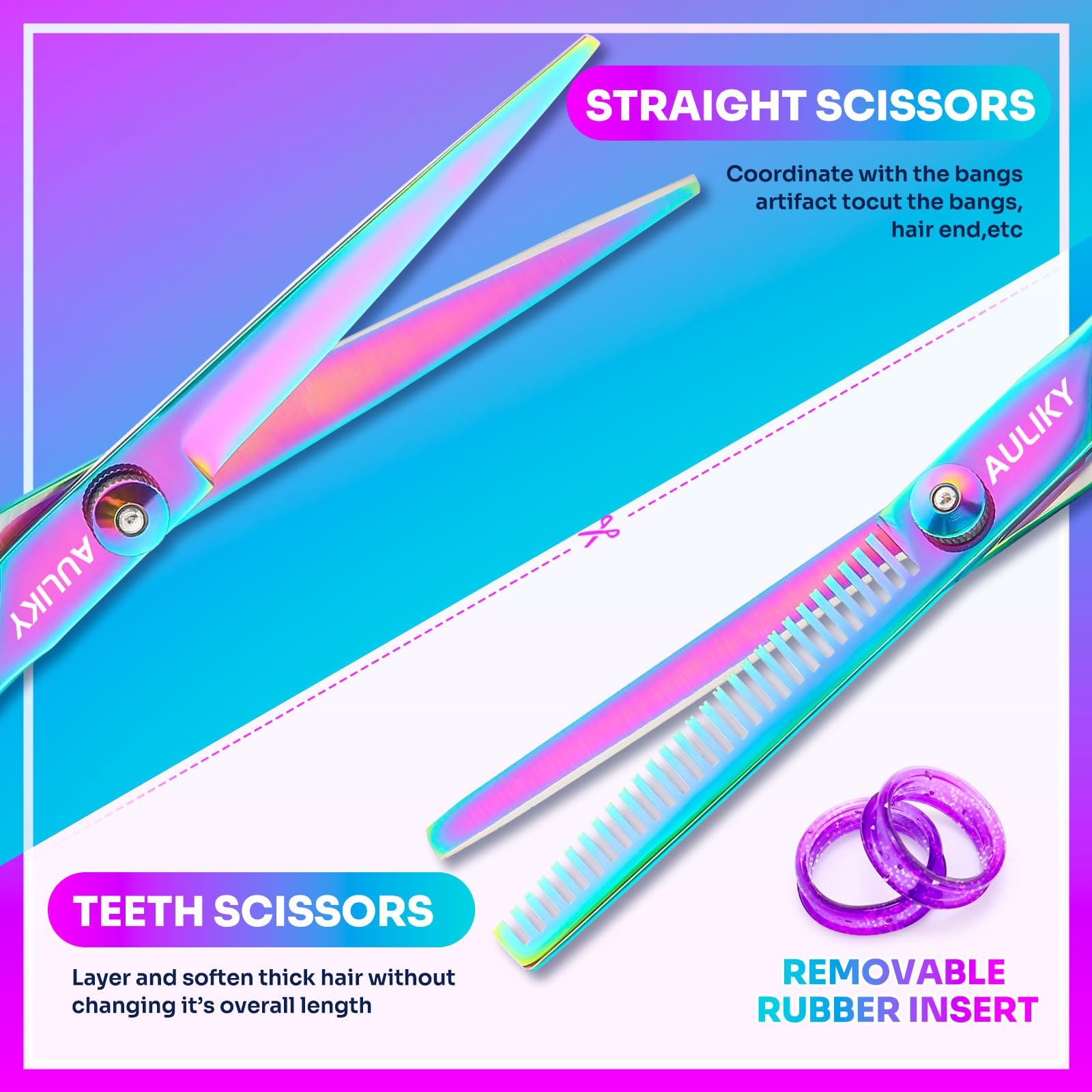 Ergonomic handle design of AULikY hairdressing scissors showing multi colored finger inserts and tension screw