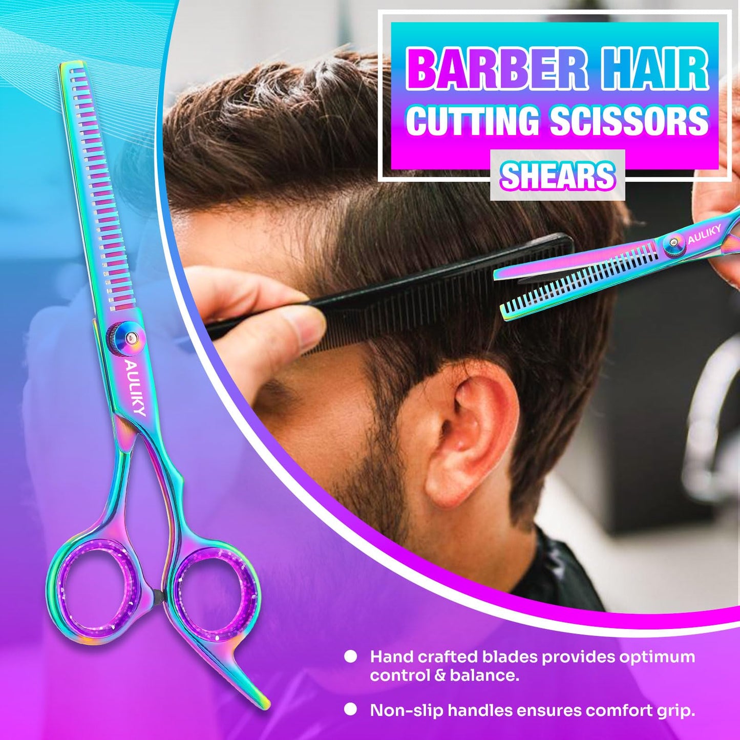 AULikY rainbow stainless steel scissors being adjusted with the round tension screw system