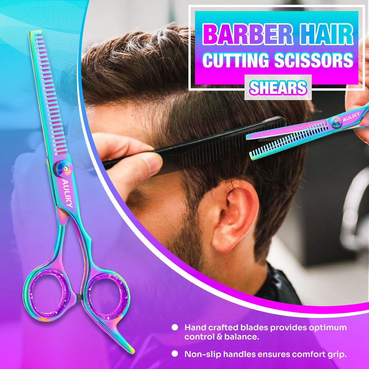 AULikY rainbow stainless steel scissors being adjusted with the round tension screw system