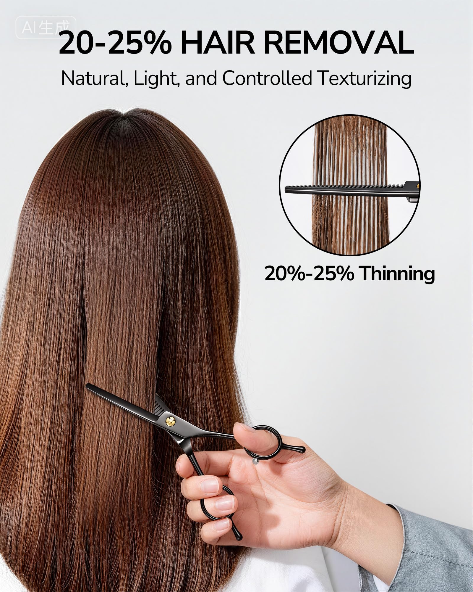 ULG 6.5 inch salon texturizing scissors close up on Japanese stainless steel teeth