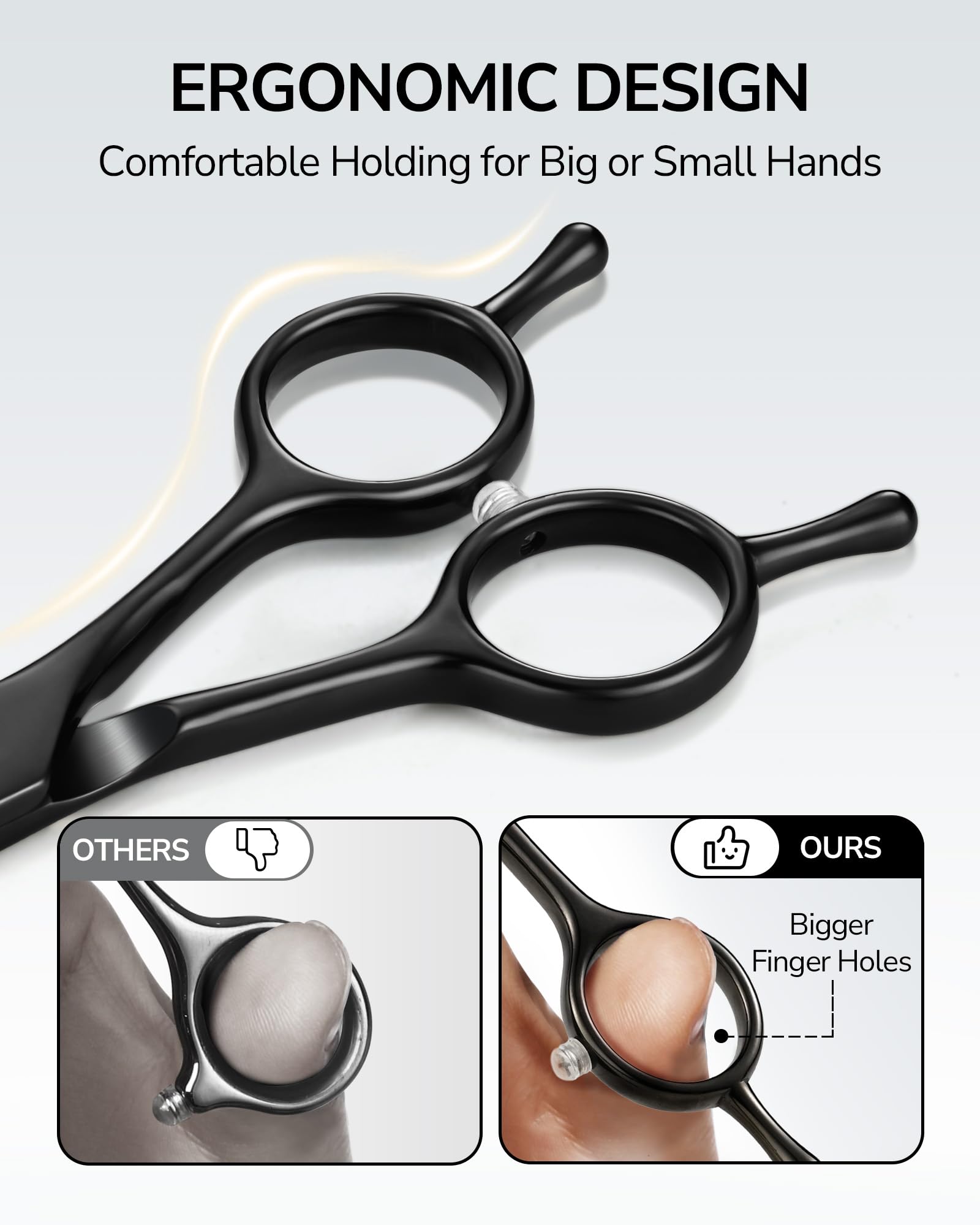 ULG black barber thinning shears showing ergonomic offset handle with finger rings