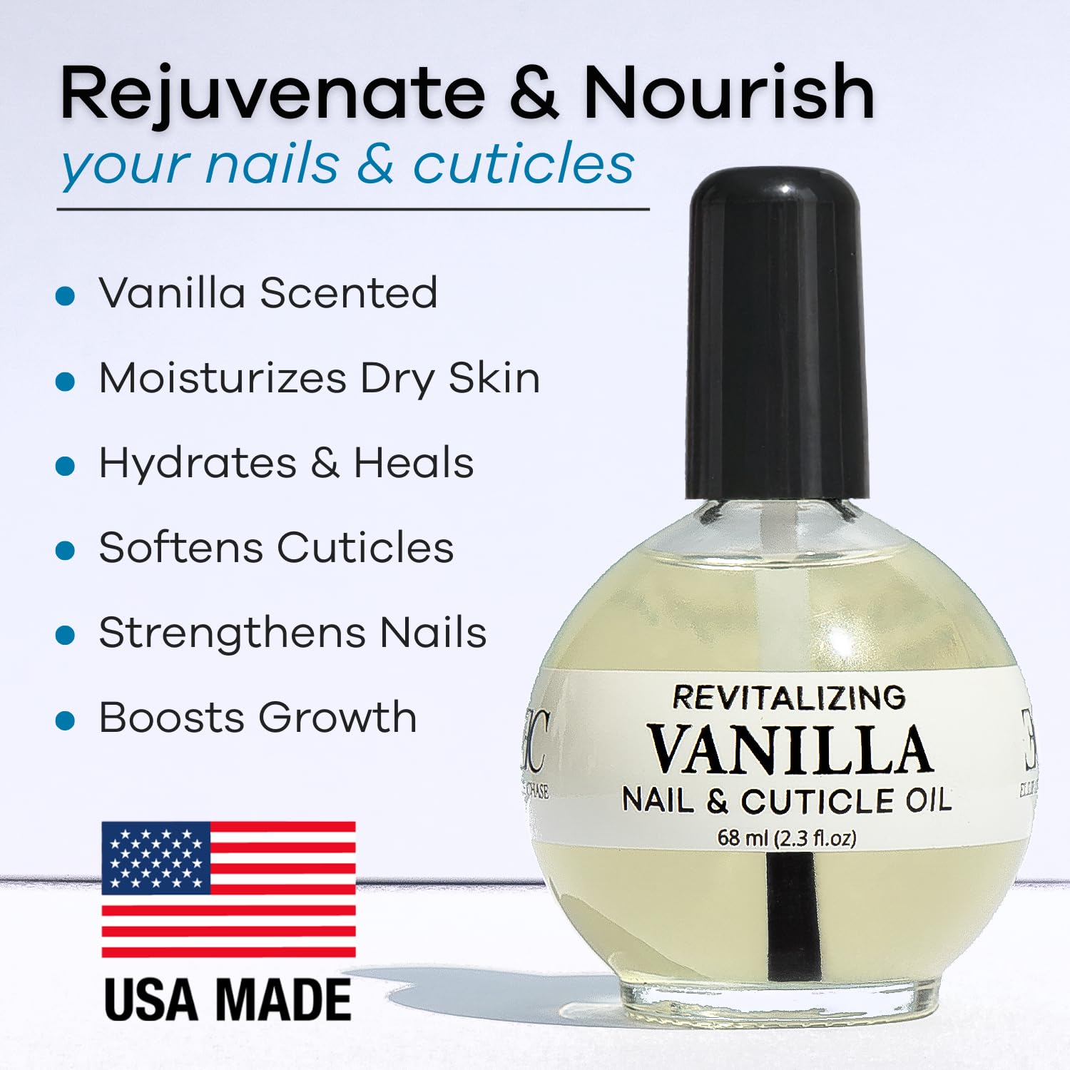 Ellie Chase nail oil bottle showing vanilla scent and ingredients