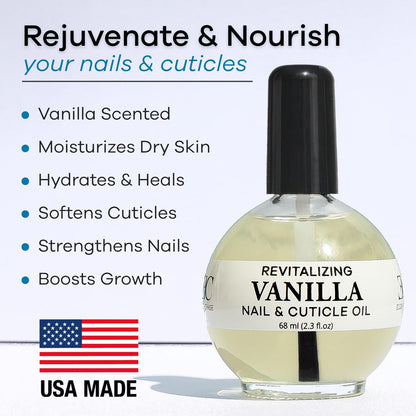 Ellie Chase nail oil bottle showing vanilla scent and ingredients