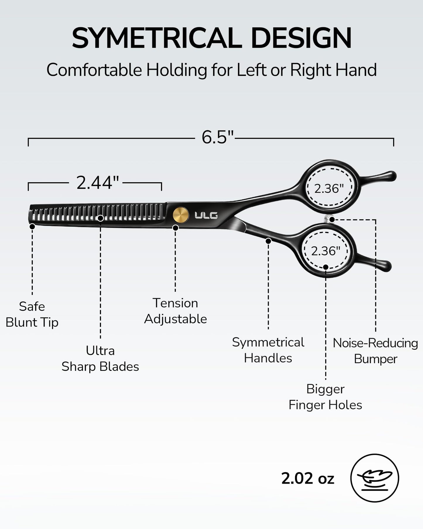 ULG hairdressing thinning shears displaying the yellow tension adjustment screw